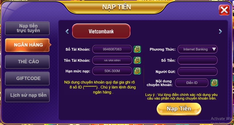 68 game bài - Cổng game đánh bài đổi thưởng uy tín nhất 2023 10 Nạp tiền vào 68club thông qua tài khoản ngân hàng